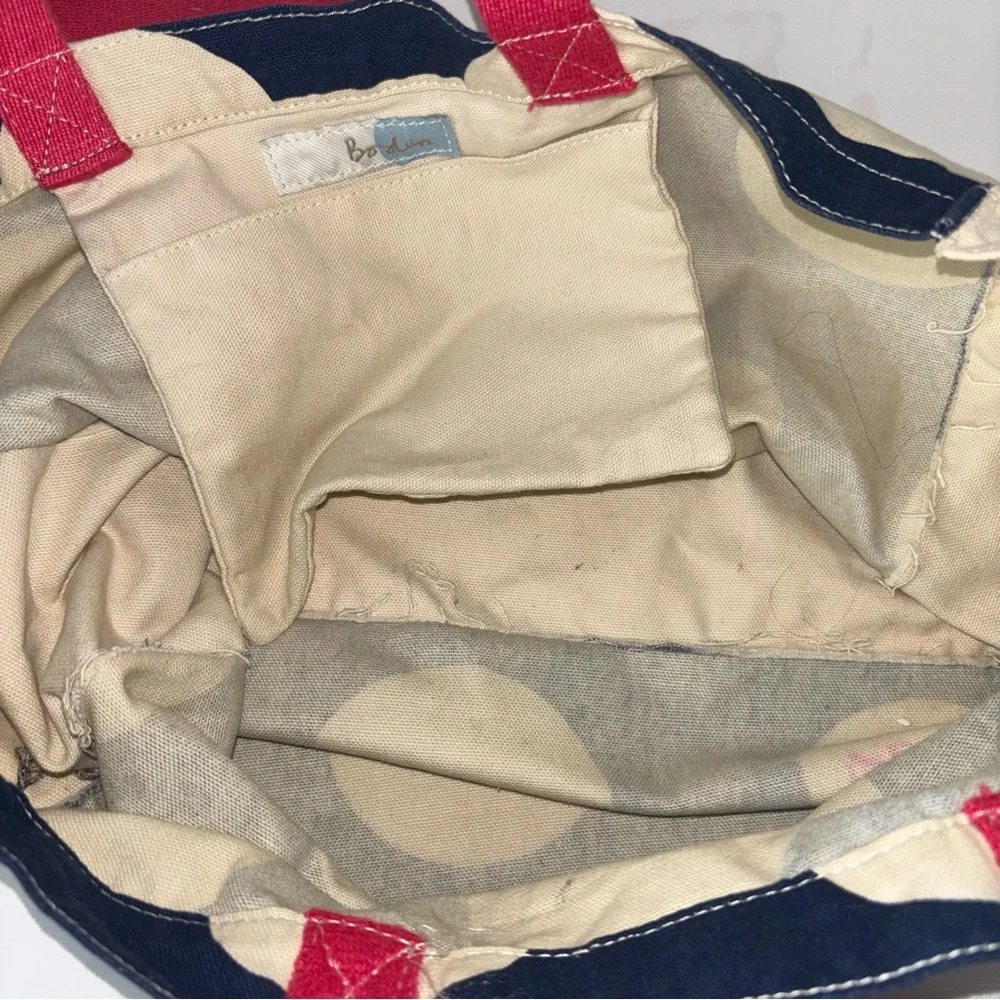 Boden Cotton Canvas Tote Shoulder Bag Blue and Cream Circles Red Handles